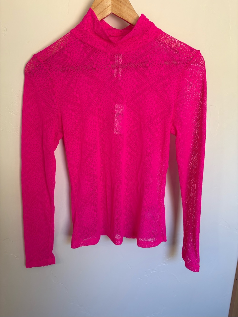 NWT By Anthropologie Hot Pink Lace Mock Neck Sheer Top S
